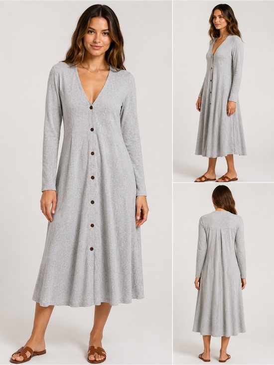 Monteau Los Angeles Dresses & Skirts - Monteau Los Angeles Gray Button Front Knit Midi Dress Long Sleeve